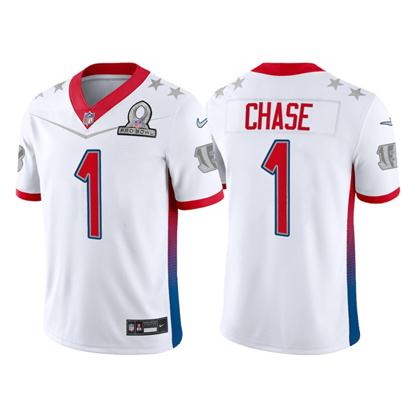 Men's Cincinnati Bengals #1 Ja'Marr Chase 2022 White Pro Bowl Stitched Jersey